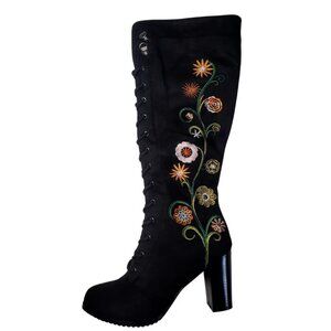 BLACK 70'S SUEDE EMBROIDERED RETRO LACE UP BOOTS